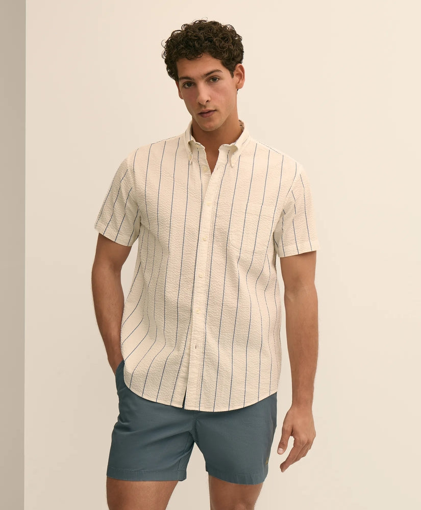 Washed Cotton Seersucker Button-Down Collar, Stripe Short-Sleeve Sport Shirt Men