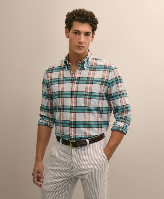 Cotton Madras Polo Button-Down Collar Shirt Men