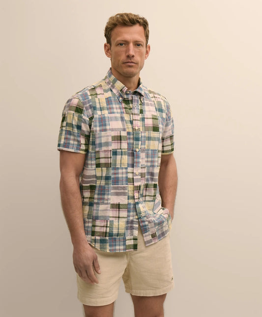Cotton Patchwork Madras Polo Button-Down Collar, Short-Sleeve Shirt Men