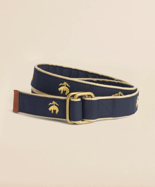 Embroidered Leather Tab D-Ring Belt Men