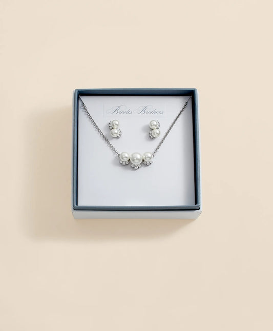 Faux Pearl Cubic-Zirconia Cluster Necklace and Earrings Set Women