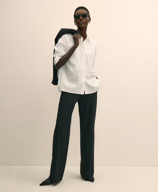 Cotton Sateen Relaxed Lace-Bib Shirt Tailored
