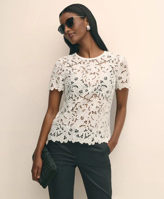 Relaxed Short-Sleeve Semi-Sheer Lace Top Sale