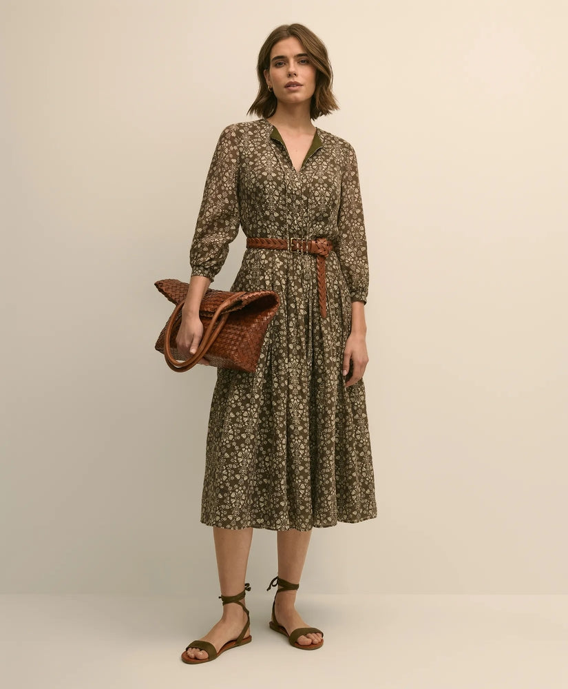 Tie-Neck Pleated Floral-Trellis Print Dress Women